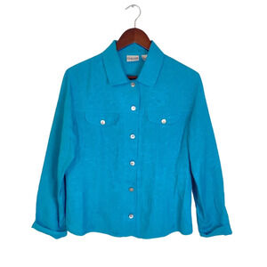 Chico's Teal Blue Linen Blend Collared Button Up Pockets Shirt Size 1 (M)